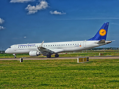 Lufthansa, aeronaus, jet de passatgers, fora, pista, HDR, cel