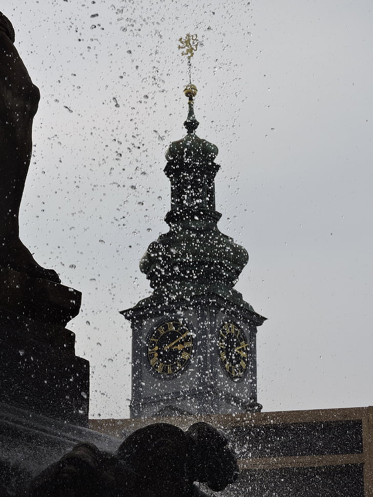 fountain, czech budejovice, water, tower, town hall, square