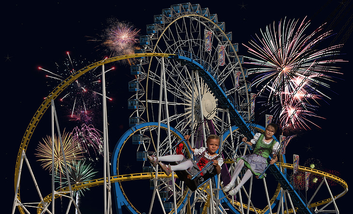 Oktoberfest, grande roue, roller coaster, Ride, feux d’artifice, amusement, plaisir