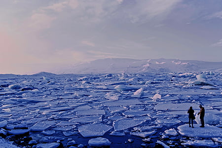 two, people, standing, ice, surrounded, melting, cloudy
