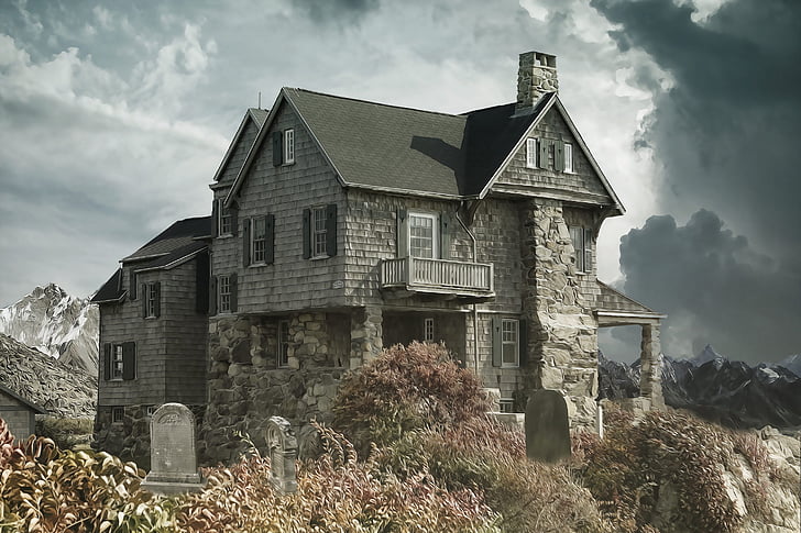 house, cemetery, haunted house, house near the cemetery, dark, horror, gothic