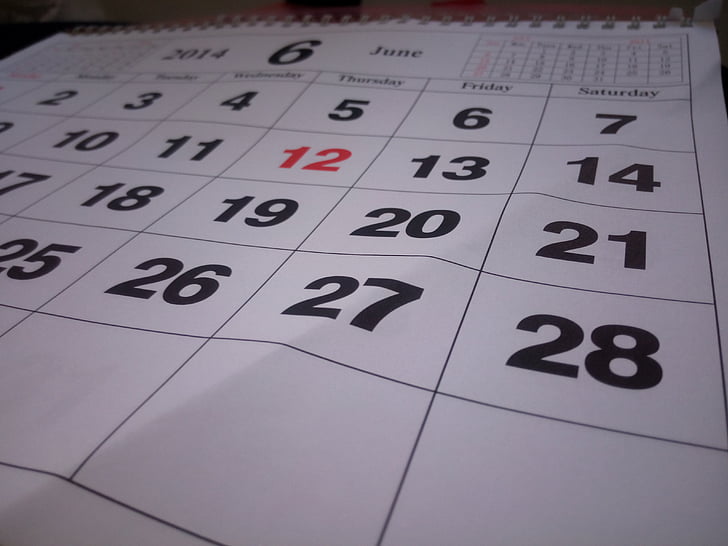 Calendari, Calendari diari, juny 2014