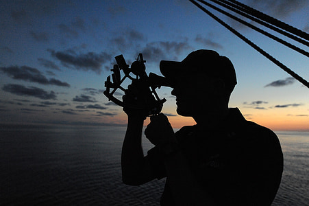 sextant, sunset, silhouette, coast guard, training, officer candidate, male