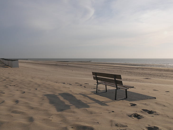 beach, north sea, sand, water, dunes, sky, bench