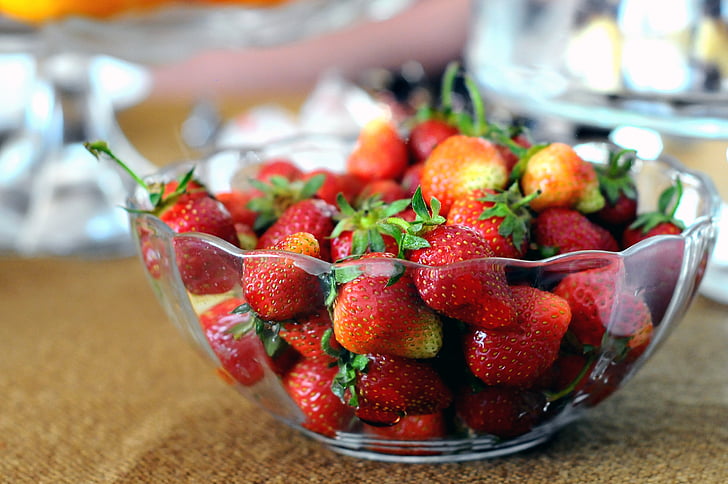 bowl, fruits, red, strawberries, fruit, food, freshness