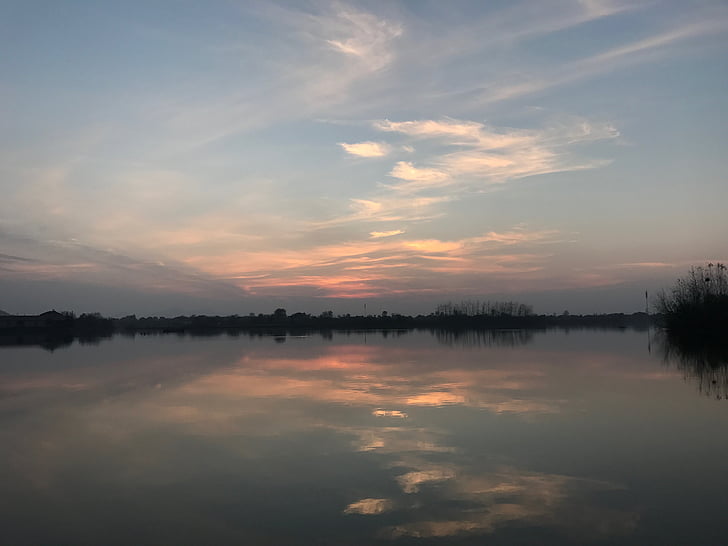 obloha, Západ slunce, jezero