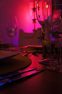 tabla, cubierta, comer, fin de año, cena, cubiertos, gafas