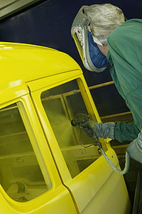 amarillo, camión, pintura, pintura, sprutmåla, aerógrafo, pintor