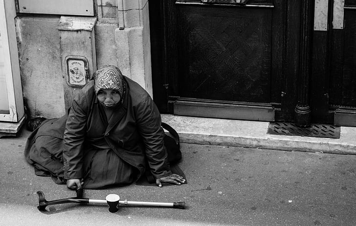cigan, prosjak, Pariz, ulica, ljudi, crno i bijelo, siromaštva