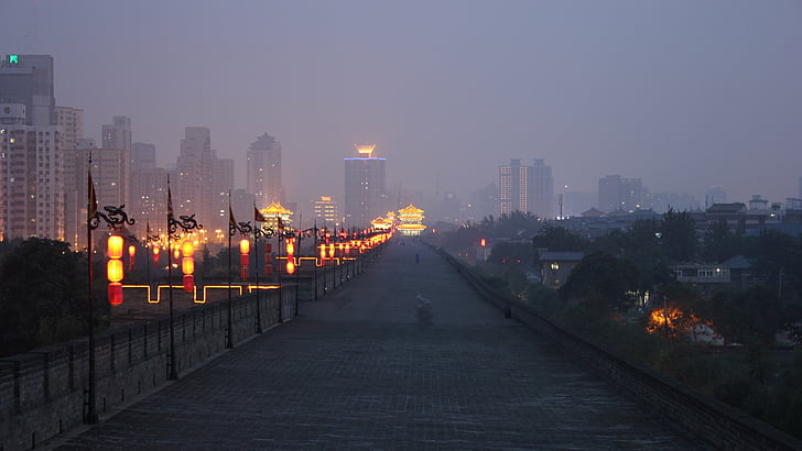 china, night, lights, wall, urban, xi'an, xi'an city wall