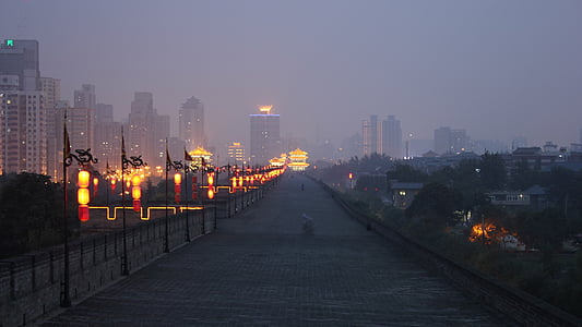 中国, 晚上, 灯, 墙上, 城市, 西安, 西安城墙