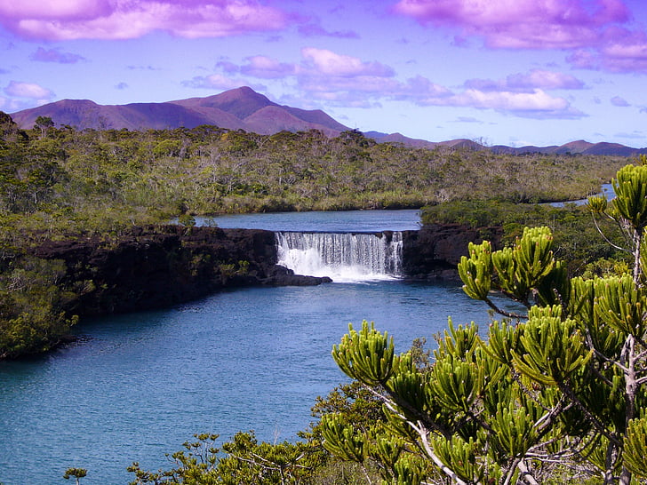 new caledonia, landscape, scenic, mountains, plants, river, waterfall