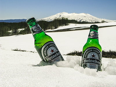 two, heineken, glass, bottles, snow, beer, green