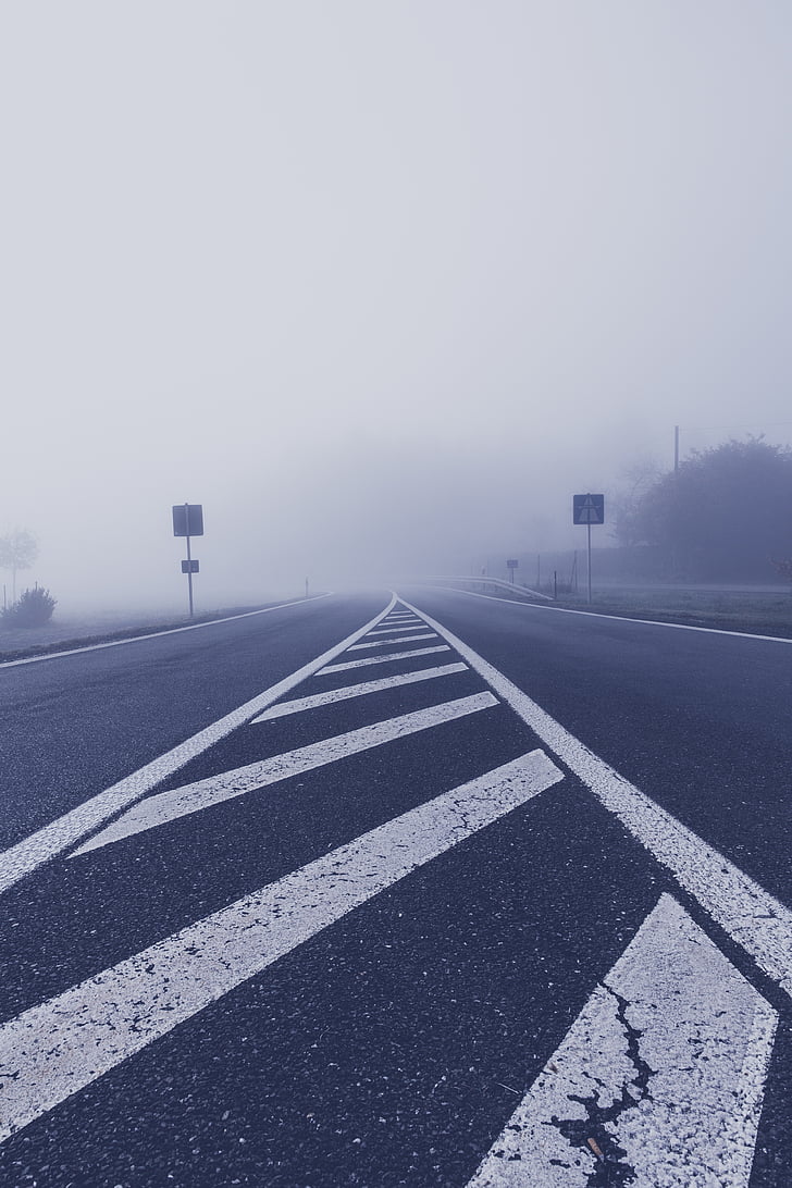 fog, road, highway, tar, central reservation, landscape, traffic