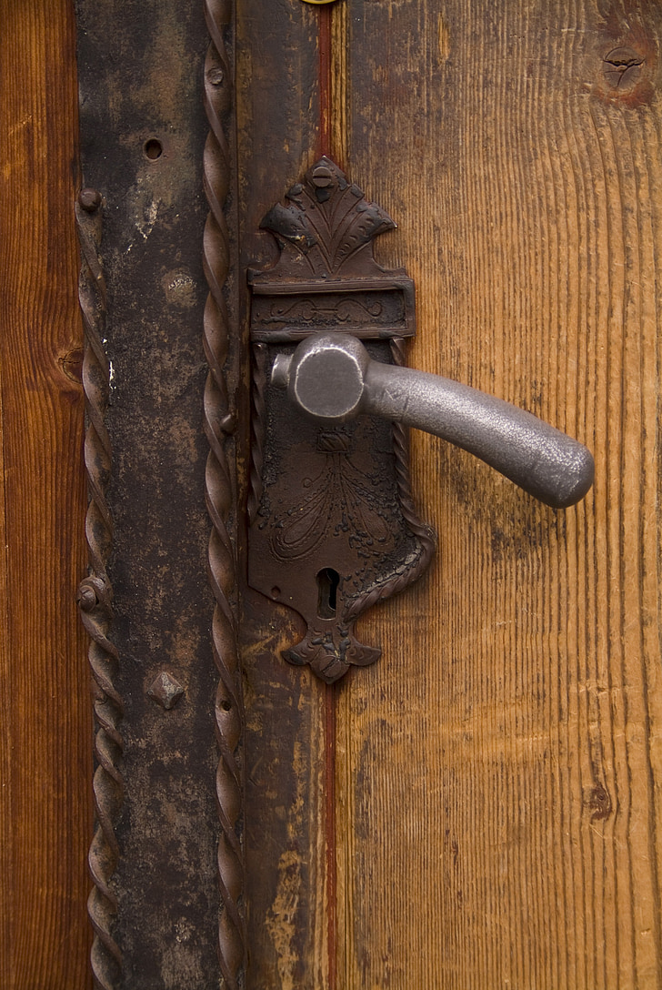 dvere, rukoväť, doorhandle, železo, kov, staré, drevené