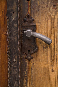 porta, lidar com, maçaneta de porta, ferro, metal, velho, de madeira