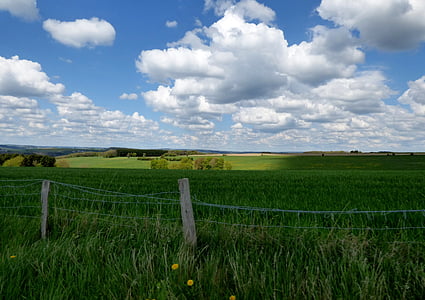 clouds, cloudy sky, landscape, fence, pasture, nature, rural Scene