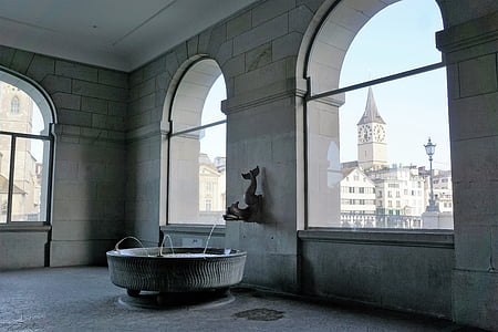 fuente, Zurich, Suiza, agua iglesia, agua, escultura