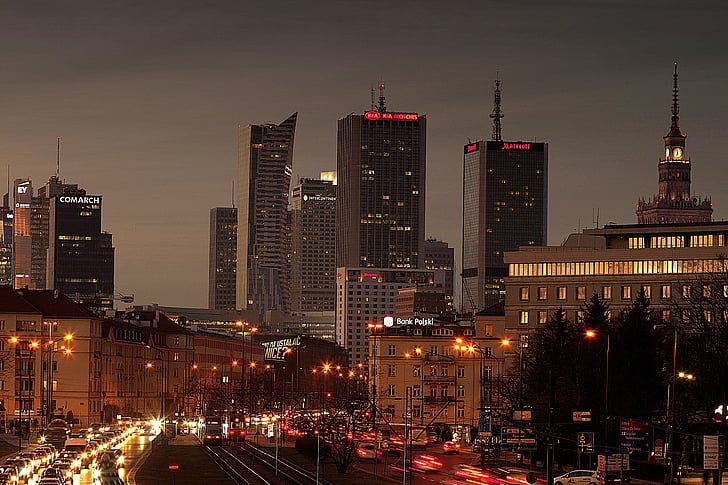 Варшава, град, улица, трафик, нощ, залез, небостъргачи