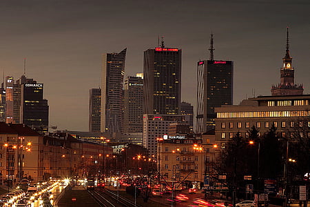 Varšava, město, ulice, provoz, noční, Západ slunce, mrakodrapy