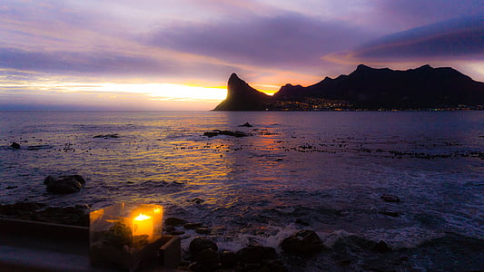 Hout bay, matahari terbenam, Cape town, Afrika Selatan, laut, pegunungan, awan