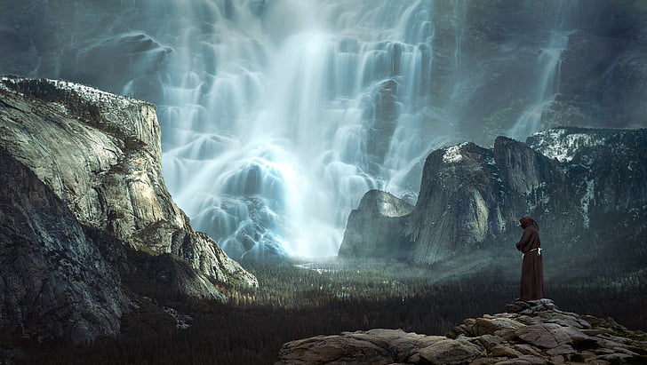 waterfall, mountains, landscape, water, mountain nature, rock, mountain landscape