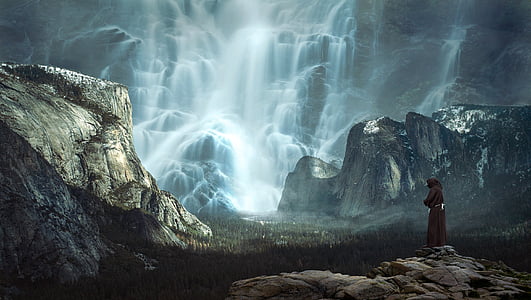 Cachoeira, montanhas, paisagem, água, natureza da montanha, rocha, paisagem montanhosa