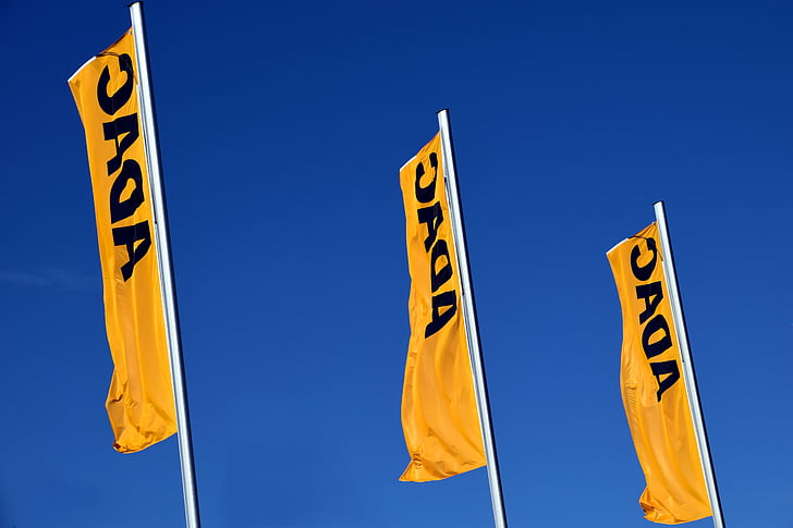 adac, flags, yellow, yellow flag, blow, waving flags, sky