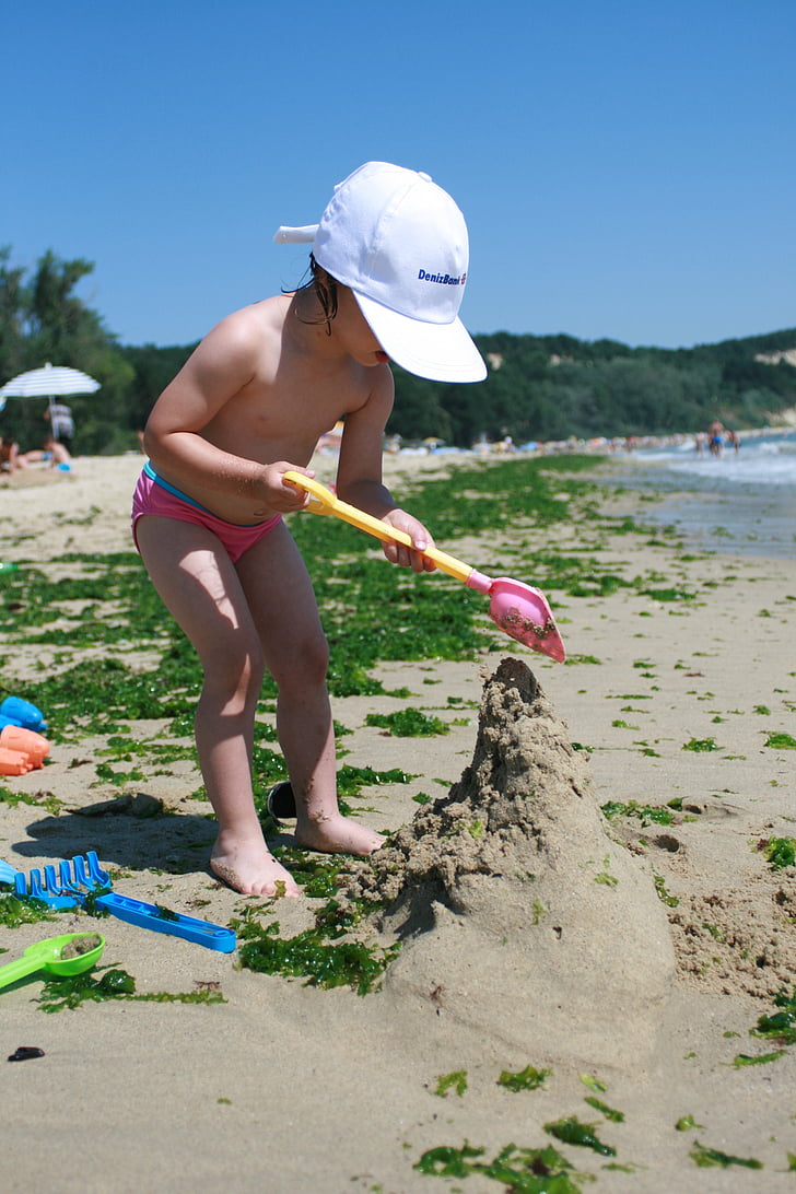 tenger, játék, homok, tengeri moszat, gyermek, lány, kalap