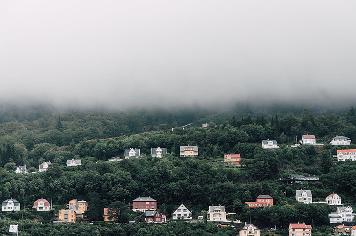elevated, residential, area, white, fogs, daytime, cloud