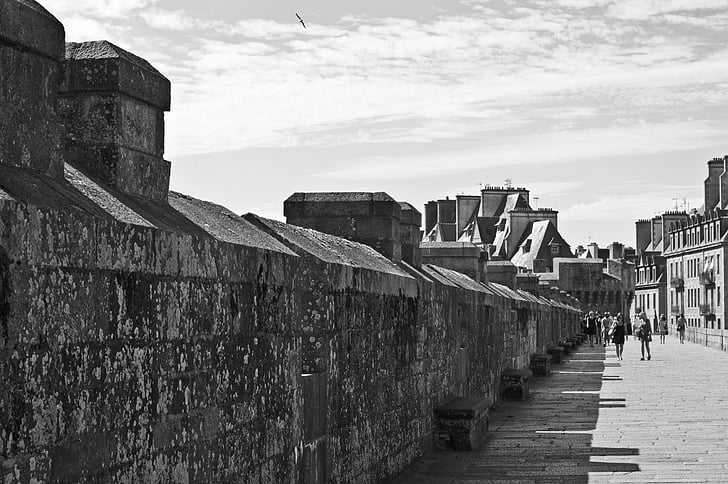 muralla, Saint-malo, Pierre, Bretanya, blanc i negre, arquitectura, renom