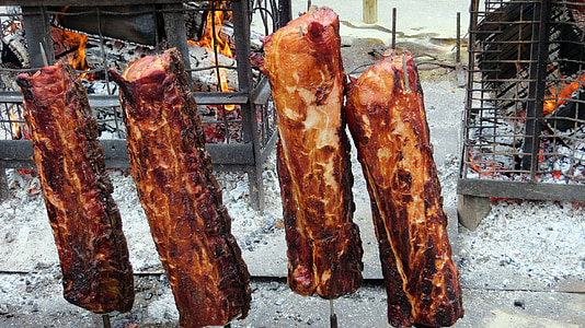 viande, Côtelettes de porc fumé, feu, barbecue, manger, plaisir, brochettes