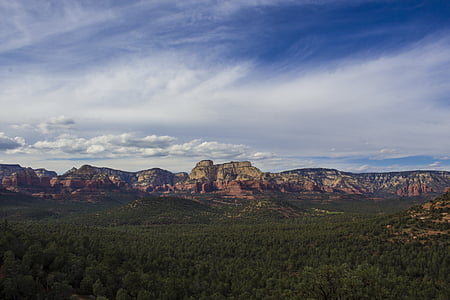 clouds, forest, landscape, mountain range, nature, rocky mountains, sandstone