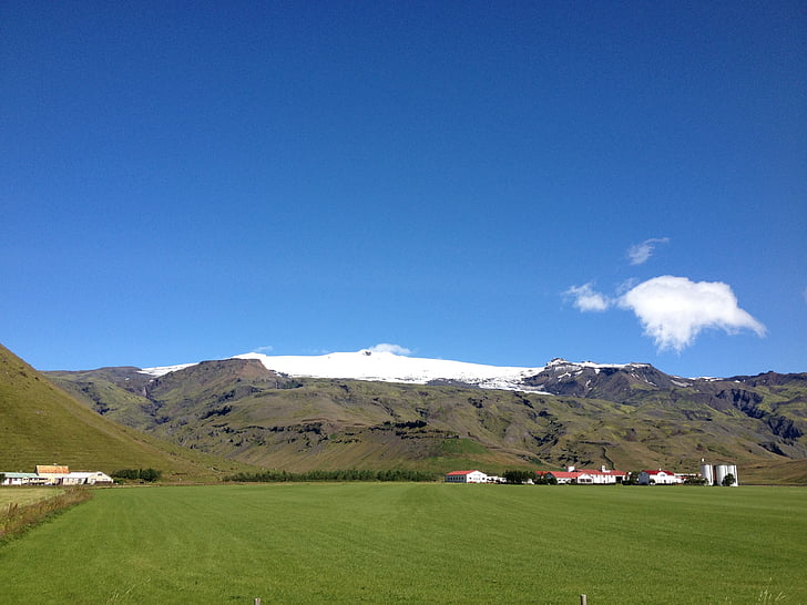 vulkan, Islandija, sneg, krajine, gorskih, narave, travnik