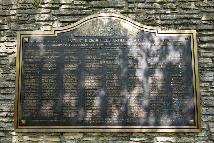 memorial de l'artilleria de camp, Parc de l'Edèn, Cincinnati, record, Monument, i Guerra Mundial, noms