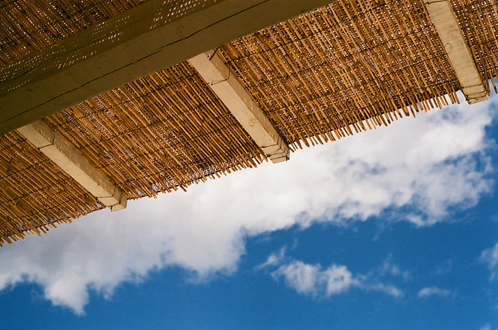 brown, wicker, roof, cloud, sky, thatched roof, low angle view