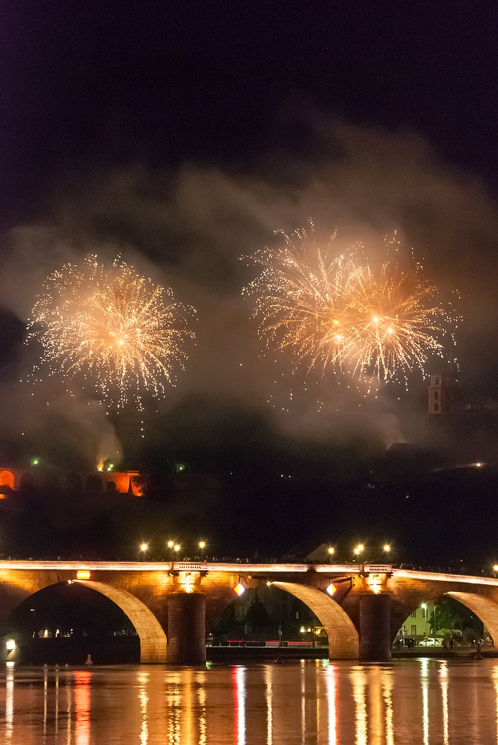 Heidelberg, híd, Neckar, kastély illuminations, tűzijáték
