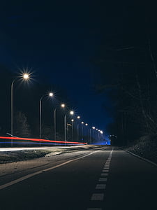 asfalt, întuneric, lumini, lung-expunerea, noapte, drumul, strada