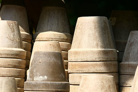 flower pots, clay pots, gardening, vintage, old, stacked