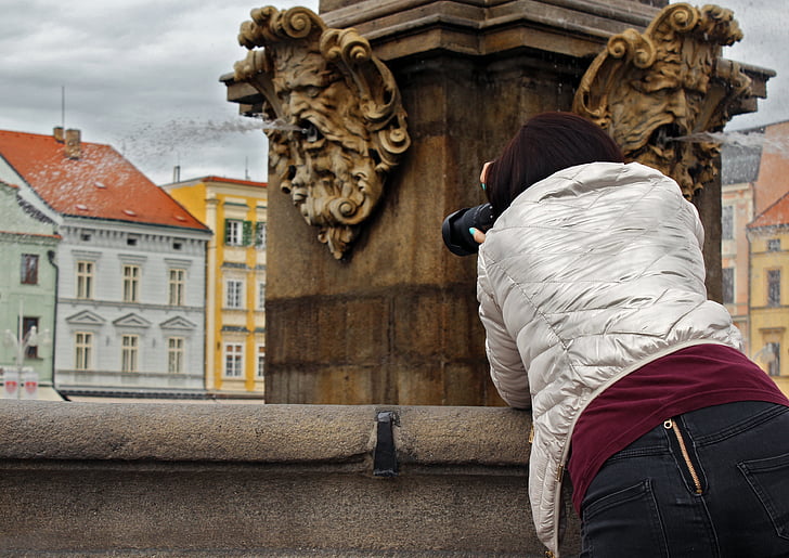 噴水, 市, チェコ ブデヨヴィツェ, 女の子, 写真, カメラ, イメージ