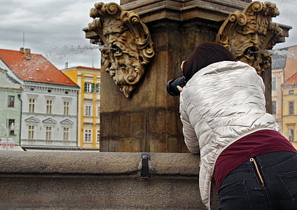 fountain, city, czech budejovice, girl, photo, camera, image