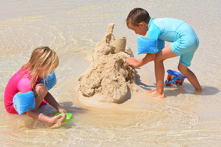 children, sand castle, boy, girl, people, beach, summer