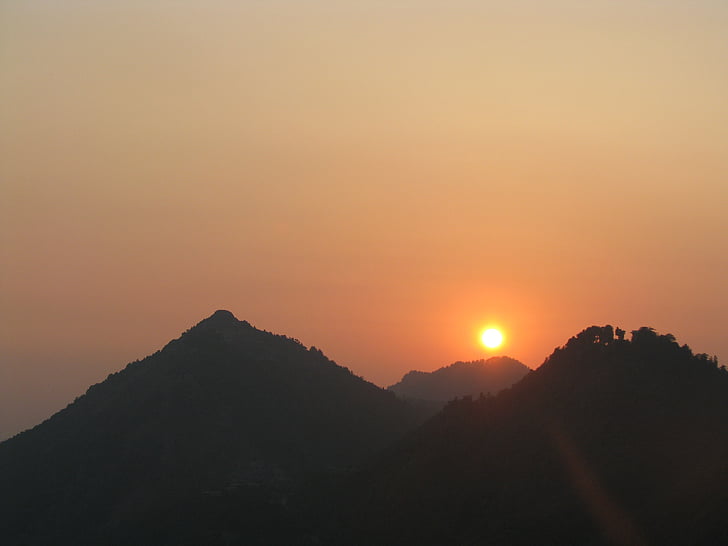 coucher de soleil orange, montagnes, Mussoorie, Himachal, Himalaya, nature, Inde