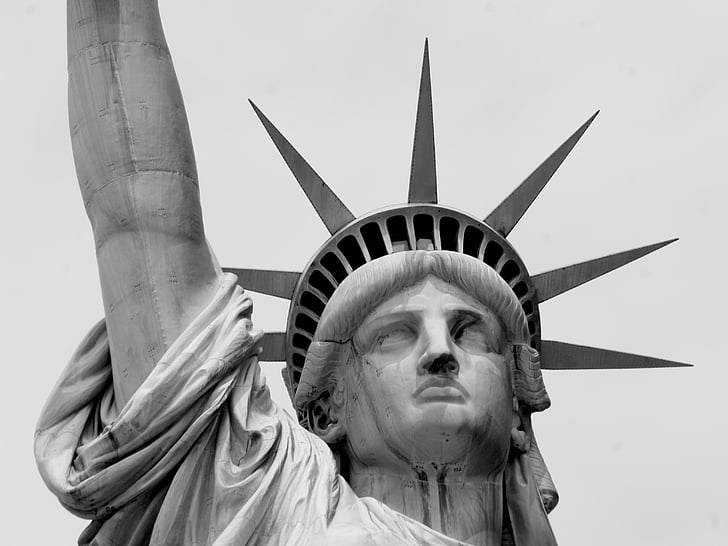 art, black-and-white, close-up, crown, lady liberty, landmark, low angle shot