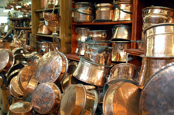 Kupfer, Geschirr, Antiquitäten, alt, Shop, Kulturen