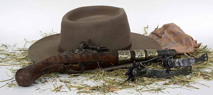 pistol, spores, hay, hat, wild west, dom, cowboy