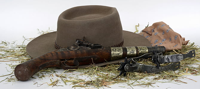 pistola, esporos, feno, chapéu, oeste selvagem, Dom, vaqueiro