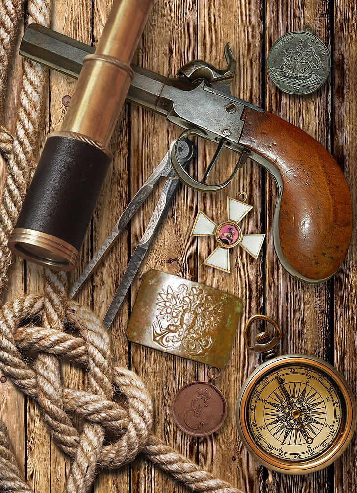 flintlock pistol, spyglass, compass, holy order, george, medal, rope