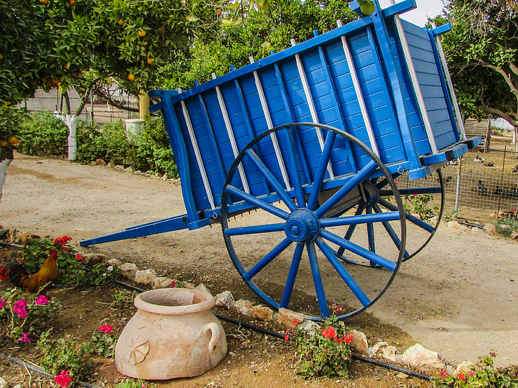 wagon, blauw, wiel, oude, antieke, boerderij, platteland