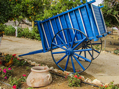 wagon, blue, wheel, old, antique, farm, rural